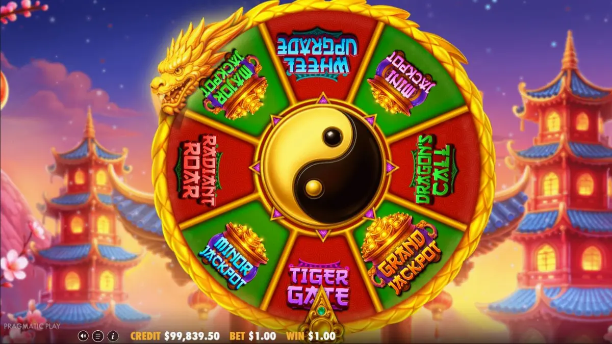 Interface vibrante do slot Dragon Tiger Fortunes com elementos orientais e roda de bônus.